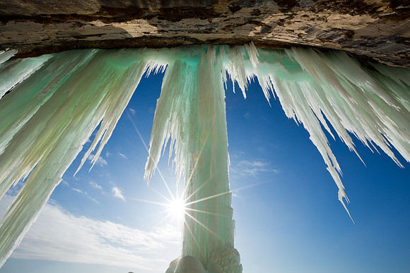 Sunburst on Grand Island Ice Curtain - Munising, Michigan