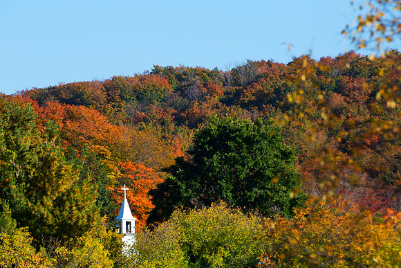Maple City Michigan in Autumn with Church Steeple