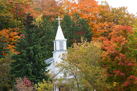 Maple City Church Steeple in Autumn
