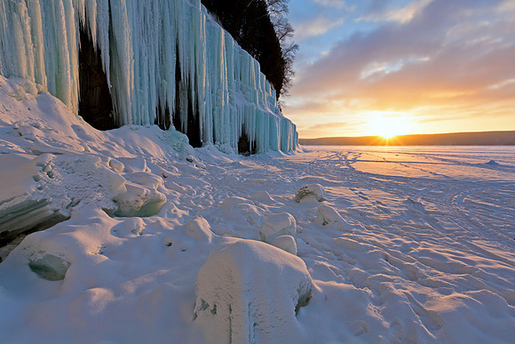 Sunrise at Grand Island Ice Curtains - Munising, Michigan