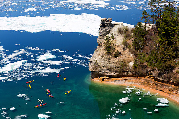 Kayaks and Ice Floes at Miners Castle - Pictured Rocks National Lakeshore in the Upper Peninsula of Michigan
