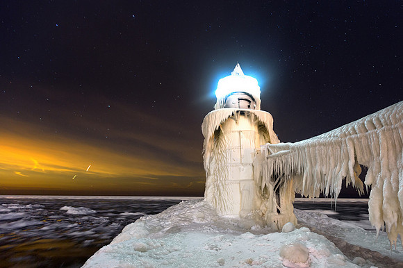 Frozen Lighthouse on Pier in Winter - St. Joseph, Michigan